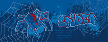 Silhouette Of City. Scary Spider On Brick Background With Web. Cartoon Illustration Of Tarantula Or Ghost, Spook, Horror. Flyer For Halloween. Graffiti On The Wall With A Spider. Urban Style. Vector.