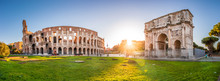 Panoramic View Of Colosseum And Constantine Arch At Sunrise. Rome, Italy