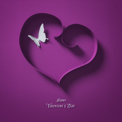 Wall Mural - paper butterfly and heart , happy valentine's day - abstract 3d romantic card / background ( love , 