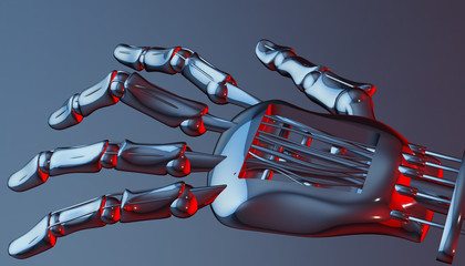 Robotic mechanical cybernetic metal arm. 3d rendering