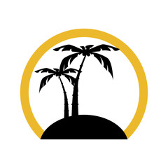 Poster - circular shape silhouette beach with palm and island vector illustration