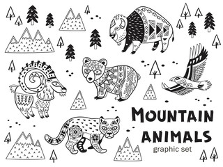 Wall Mural - Black and white set of mountain animals