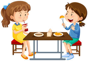 Wall Mural - Two girls eating on picnic table