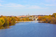 Autumn colors in Georgetown, Washington DC. A view on Georgetown University from Roosevelt Bridge over Potomac River.
