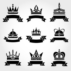 Poster - Royal vector crowns and ribbons logo templates set in black 