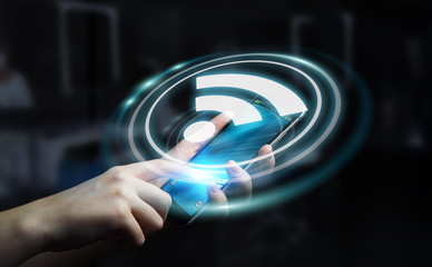 Poster - Businesswoman using free wifi hotspot interface 3D rendering