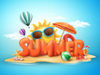 Summer vector banner design concept of 3d text in beach island with summer elements and balloons in blue sky background. Vector illustration.
