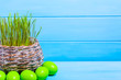 Easter eggs and fresh green grass of spring wheat in the basket