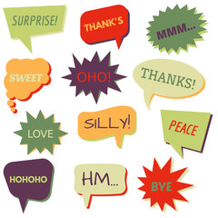Set of speech bubbles on a white background with different inscriptions in the middle. Speech bubbles with short phrases. Vector illustration.
