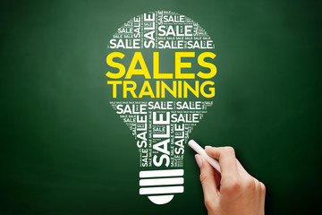 Sales Training bulb word cloud collage, business concept on blackboard