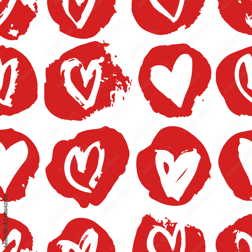 Hand drawn paint seamless pattern. Red and white vector hearts ...