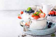 Chia Seed Pudding With Berries In Glass Jar. Superfoods Concept With Copy Space.