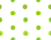 Seamless Pattern With Green Polka Dots Painted In Watercolor On White Isolated Background