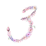 Fototapeta Motyle - Number ''3'' of watercolor pink and purple flowers, isolated hand drawn on a white background, wedding design, festive and wedding decor and cards