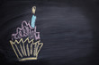 a birthday cake drawing on blackboard