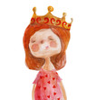 Red-haired girl in crown and dress with hearts. Watercolor illustration. Hand drawing