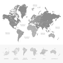 Highly Detailed World Map Continents With Labelling Of Country. Grayscale Vector Illustration.