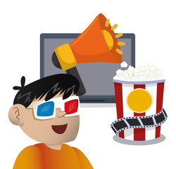 Wall Mural - boy cinema 3d glasses megaphone speaker with pop corn vector illustration eps 10