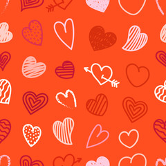 Poster - Different Valentines day hand-drawn hearts seamless pattern. Ske