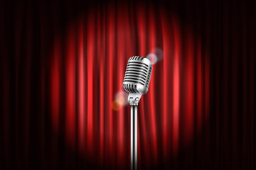 Sticker - Stage curtains with shining microphone vector illustration. Stan