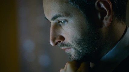 Aufkleber - Close-up of a Man's Face Working on a Computer. He Sits in a Dark Apartment. Shot on RED EPIC-W 8K Helium Cinema Camera.