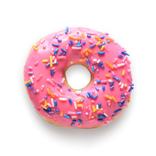 Pink Frosted Donut With Colorful Sprinkles Isolated On White Bac