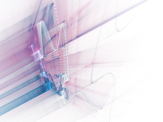 Poster - Abstract background element. Three-dimensional composition of wave shapes, grids and beams. Science and technology concept. Blue violet and white colors.