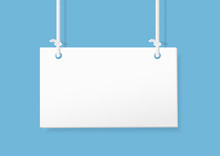 Blank Hanging Sign On Blue Background. Vector
