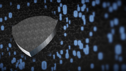 Poster - The composition of cybersecurity. Shield with binary code and depth of field. 3D rendering