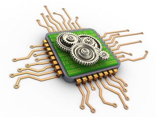 Wall Mural - 3d illustration of microchip over white background with gears and with code inside