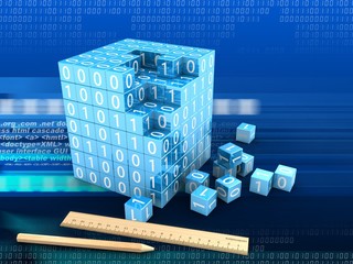 3d illustration of binary cube over digital background with drawing tools