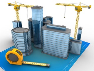 Wall Mural - 3d illustration of city over blueprint background with two cranes