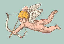 Vintage Valentines Day Pink Cupid With Bow And Arrow On Blue Background