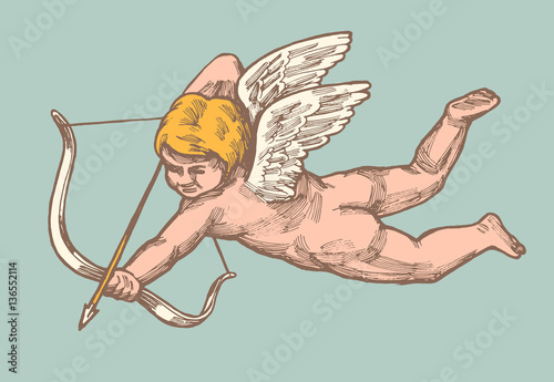Fotografía vintage valentines day pink cupid with bow and arrow on blue background