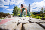 Fototapeta Las - Handwerker verlegt Pflastersteine in einer Gartenanlage 