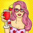 Sexy pop art girl holding a cocktail in her hand