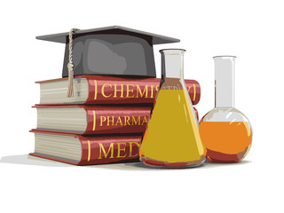 Poster - Stack of textbooks and flasks. Image with clipping path
