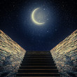 staircase rises to the moon in the night sky.