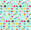 Fashion seamless pattern of patches 80s comic style. Pins, badges and stickers Collection cartoon pop art with a unicorn, rainbow, lips, emoji. Vector illustration