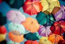 Background Colorful Umbrella Street Decoration. Selective Focus.