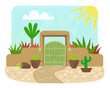 Pueblo Style Gate - Cartoon pueblo style gate with green door and plants. Eps10