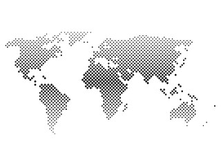 Poster - Black halftone world map of small dots in diagonal arrangement. Bilinear horizontal gradient. Simple flat vector illustration on white background.