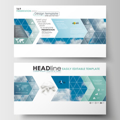 Poster - Business templates in HD format for presentation slides. Easy editable abstract blue layouts in flat design, vector illustration.