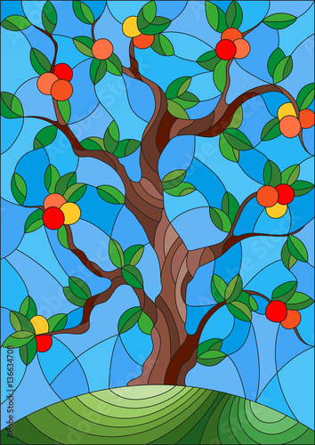 ilustracja-w-witrazu-stylu-z-jablonia-stoi-samotnie-na-wzgorzu-przeciw