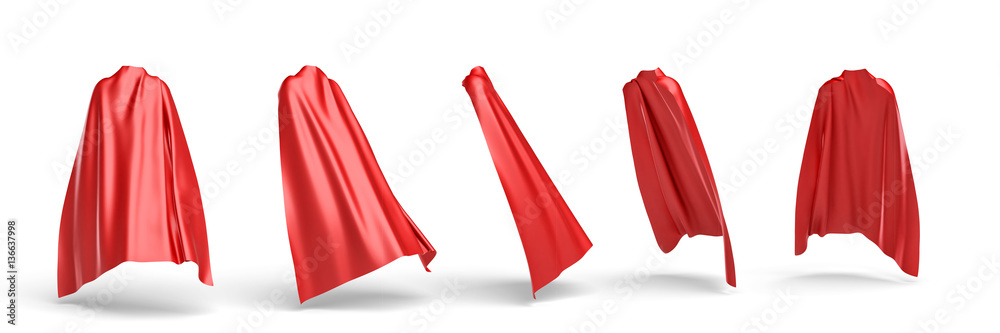 3d rendering of a red cape draped over invisible silhouette in five different points of view. - obrazy, fototapety, plakaty 