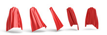 3d Rendering Of A Red Cape Draped Over Invisible Silhouette In Five Different Points Of View.