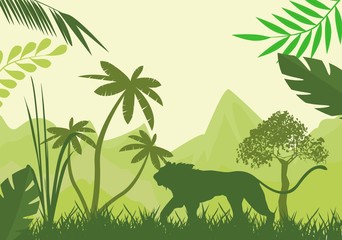 Wall Mural - Silhouette of green lion and wild jungle, trees.