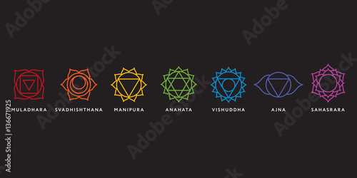 Fotografie, Obraz Set of seven chakra symbols with names, vector