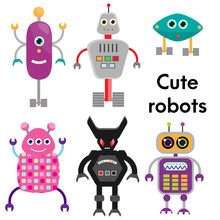 Cute Robots Character Set. Vector Illlustration, Isolated Design Elements