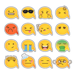 Set of yellow face emoticons icon pack with various facial expressions in flat design on white background.